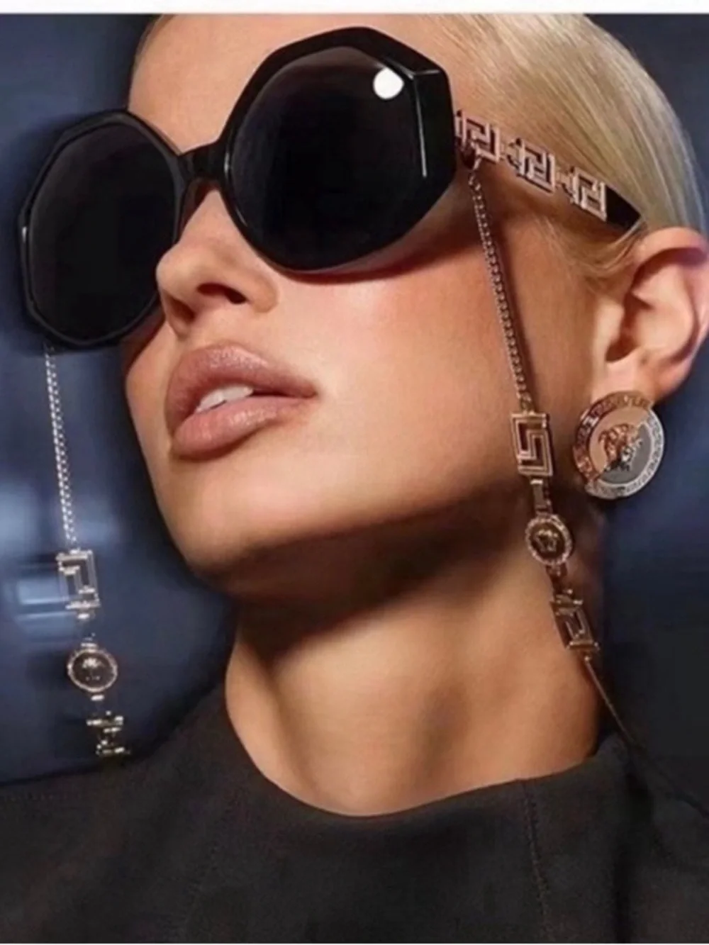 Versace Black Octagonal Sunglasses with Gold Chain Strap